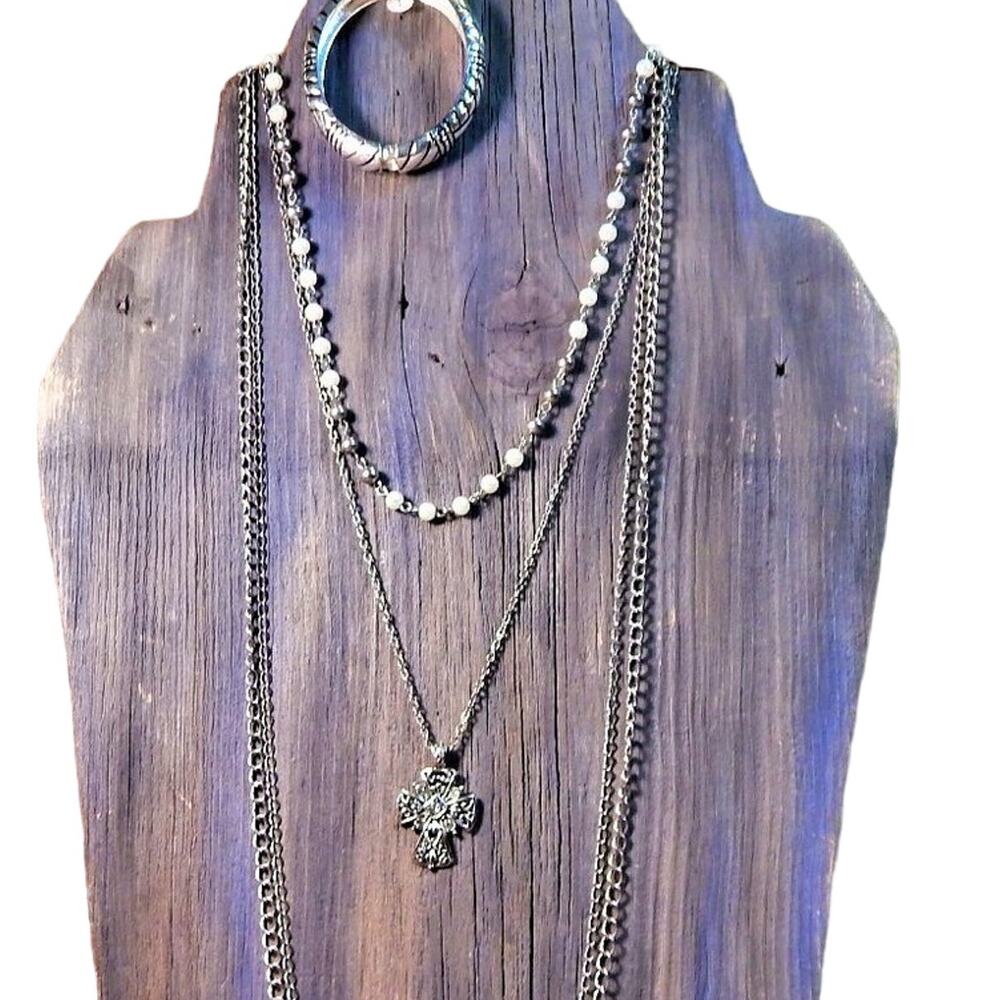 3 Tiered Chain Faux Pearl Cross Necklace w/Bangle Jewelry Set